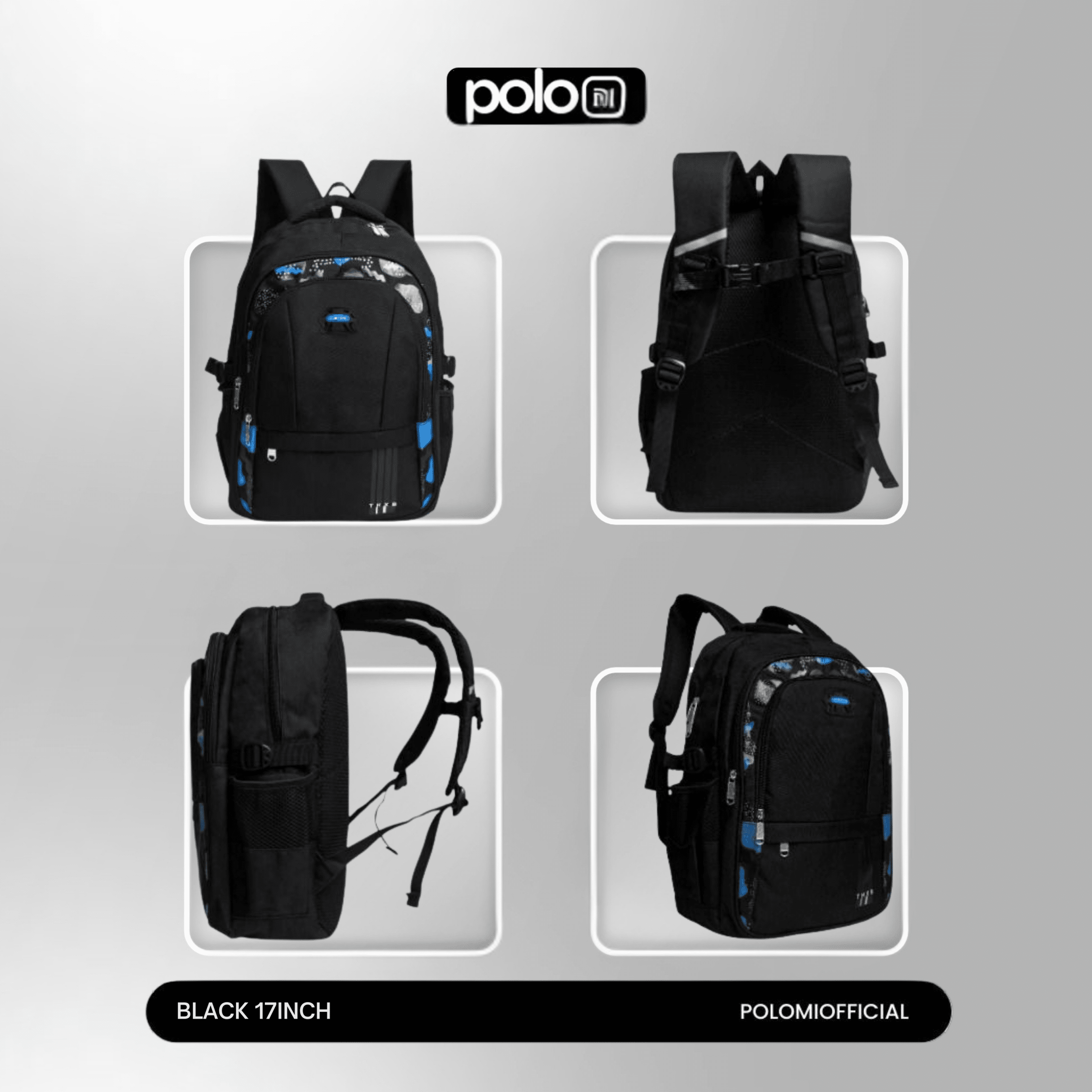 POLOMI Ransel Anak Sekolah 17 Inch Black (Unisex) - Image 3