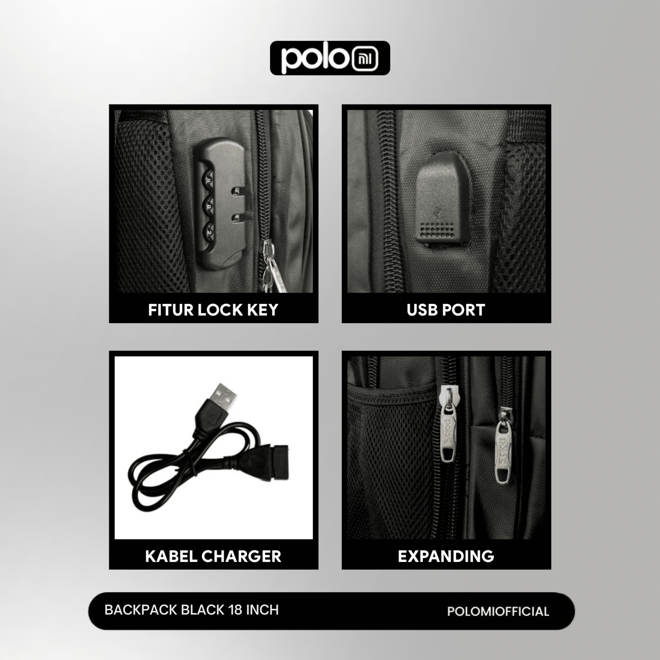 POLOMI Black Backpack 18 Inch - Image 4