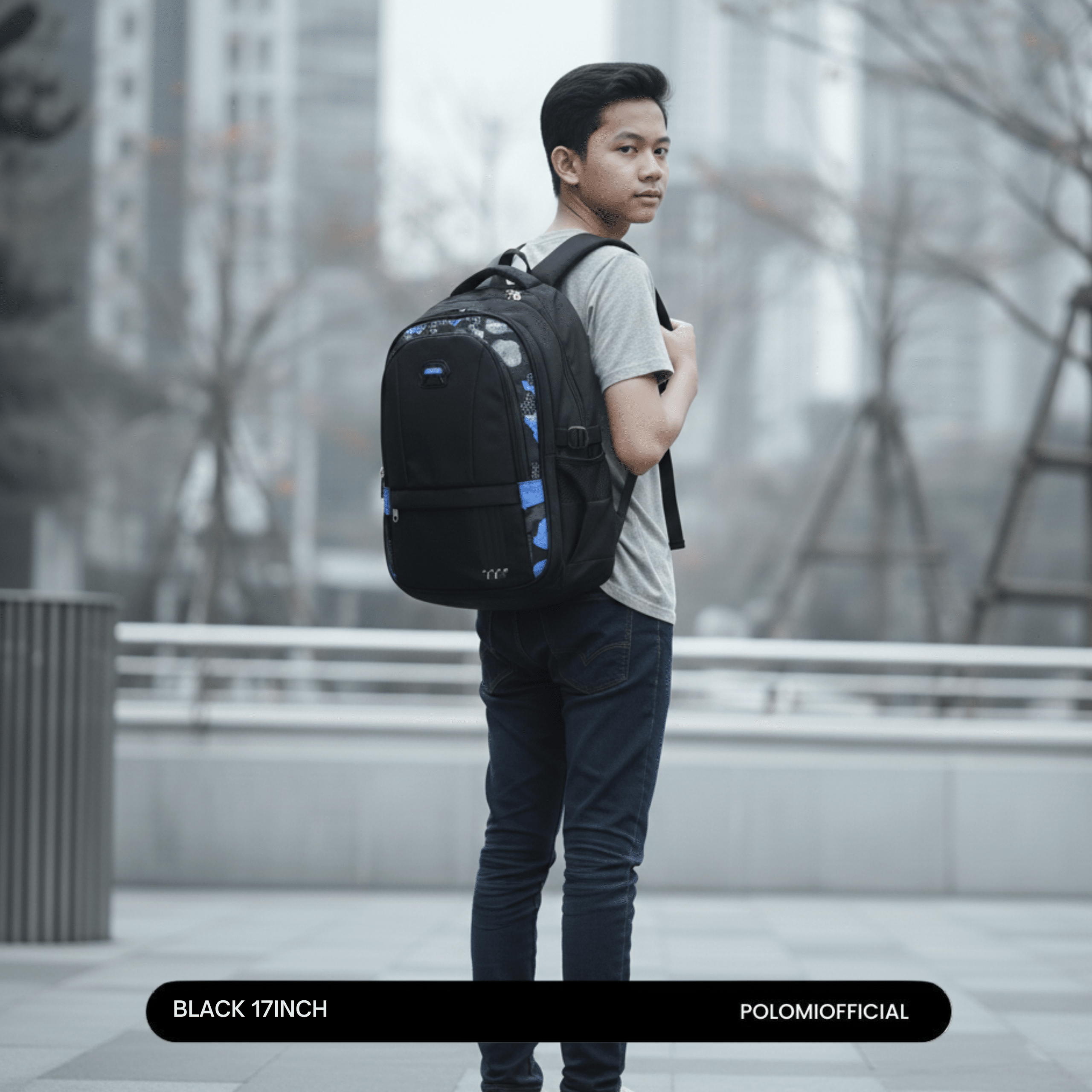 POLOMI Ransel Anak Sekolah 17 Inch Black (Unisex) - Image 4
