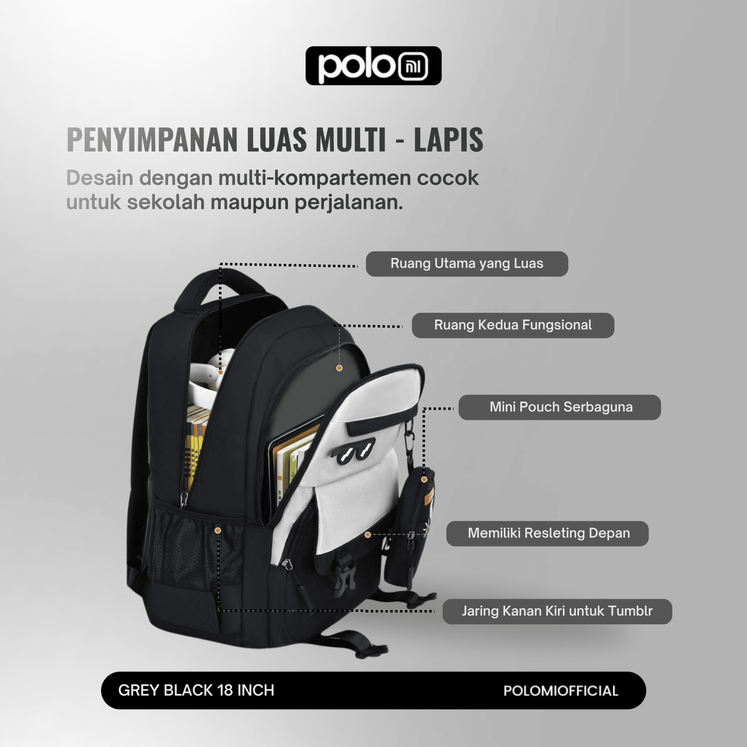 POLOMI Ransel Anak Laki - Laki 18 Inch - Image 4